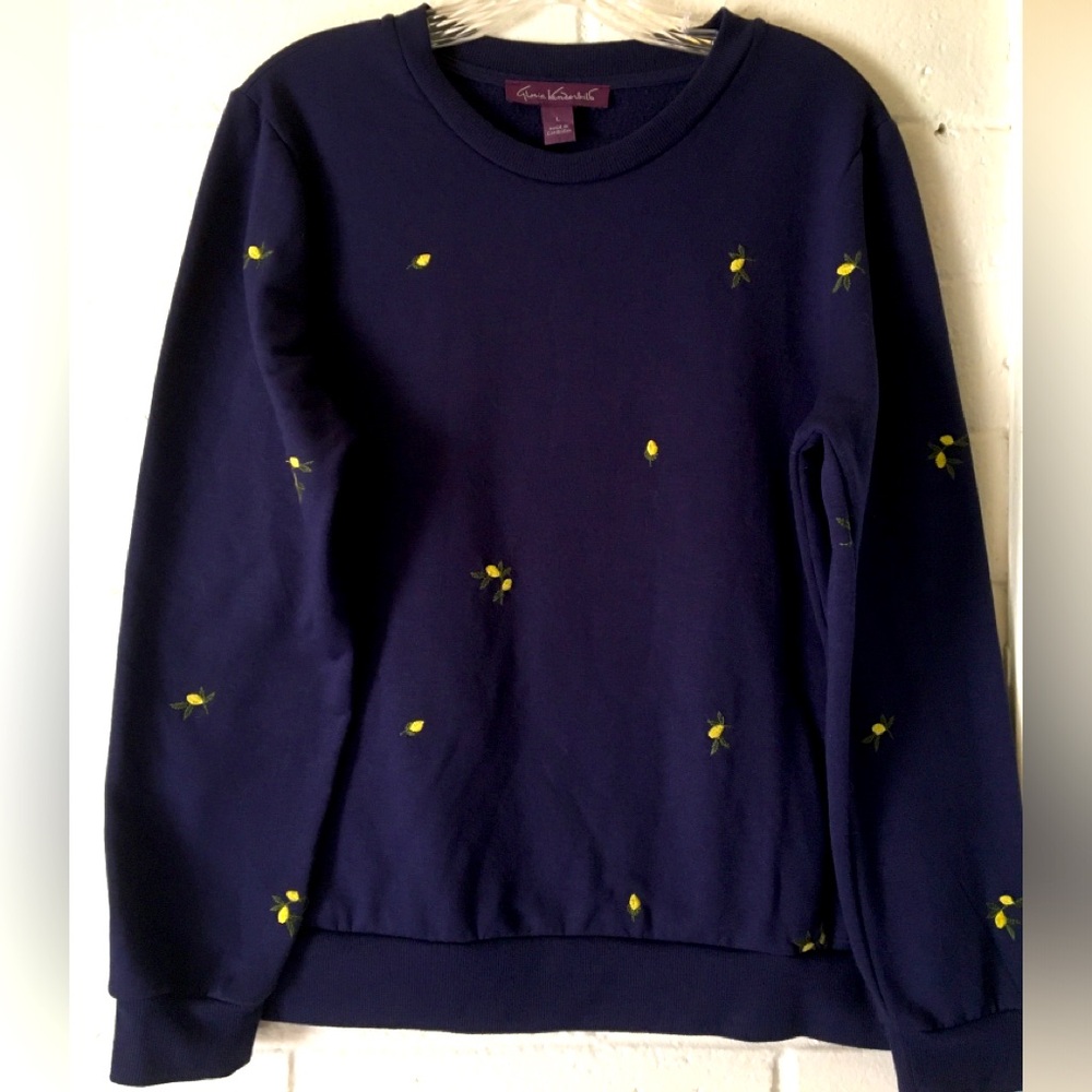 Gloria Vanderbilt | Navy Sweatshirt with Lemon Yellow Florals Embroidery  💛✨🌞🍋🌱